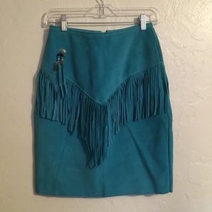 Vintage teal leather fringe skirt small/medium